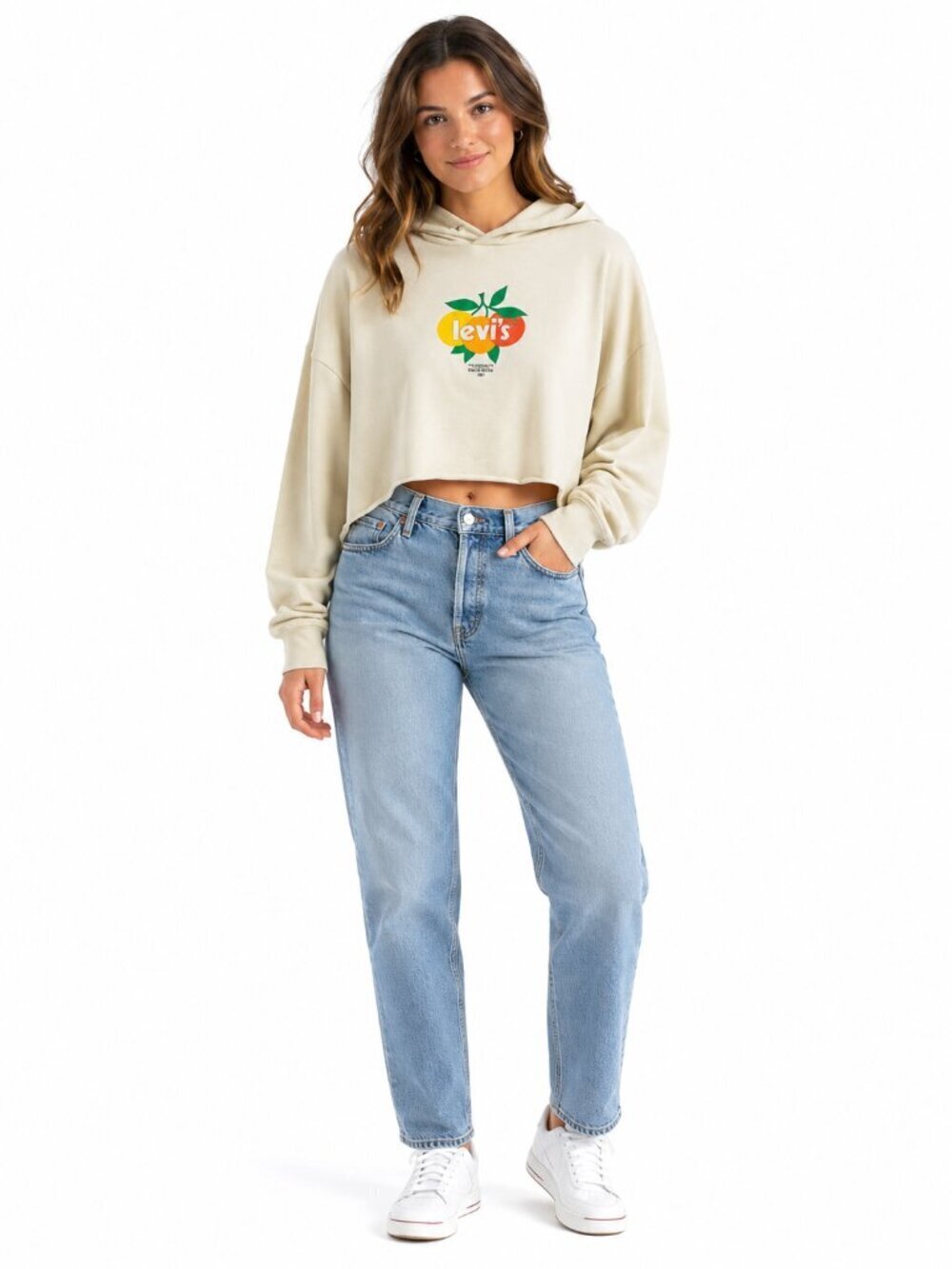 Levi's Women's Graphic Crop Prism Hoodie White Citrus Logo Oversized Size S